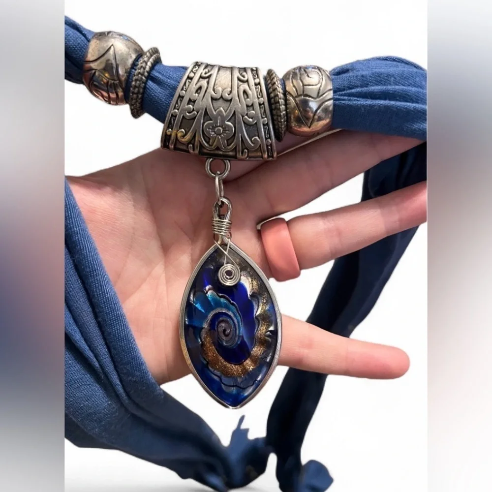 Vintage Boho-Chic Navy Scarf with Teardrop Shaped Pendant